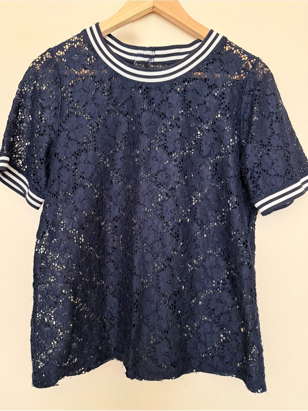 Navy Lace Short Sleeve Tee Striped Trim L